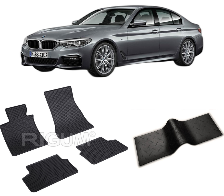 Set covorase auto BMW SERIA 5 G30 PHEV din 03.2017-PREZENT, cu covoras tunel median, CAROSERIE SEDAN, Presuri cauciuc 100%, compatibil cu autoturismul BMW SERIA 5 G30 PHEV, Rigum