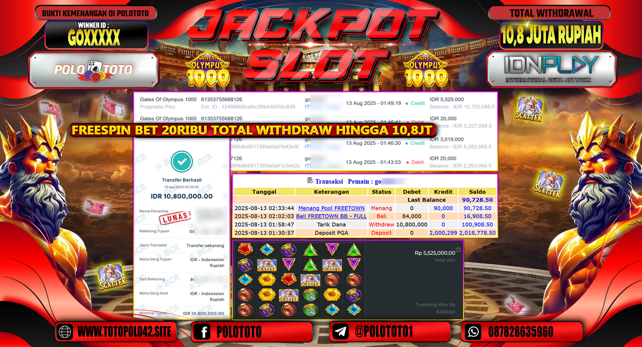 POLOTOTO JACKPOT SLOT GATES OF OLYMPUS 1000 Rp.10.800.000,-LUNAS