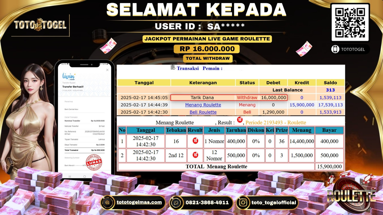 Bukti Pembayaran Jackpot  Permainan Live Game Roulette  ID:SA**** LUNAS