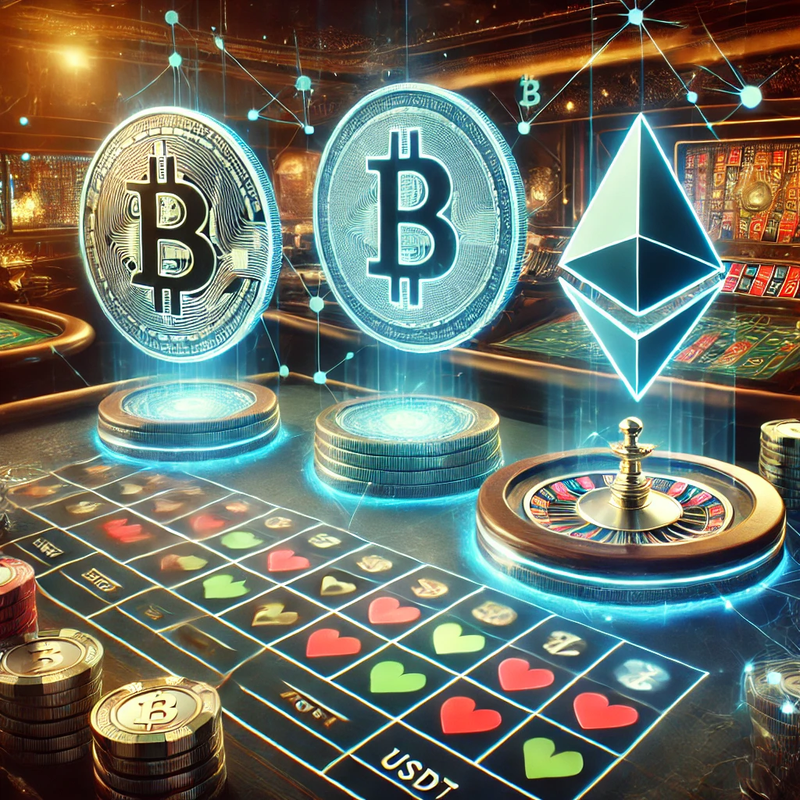 Futuristic cryptocurrency casino with Bitcoin, Ethereum, and USDT symbols