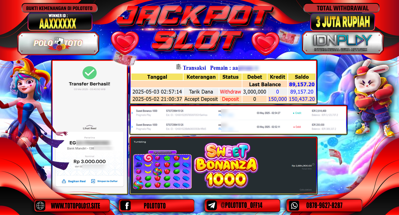 POLOTOTO JACKPOT SLOT SWEET BONANZA 1000 Rp.3.000.000,-