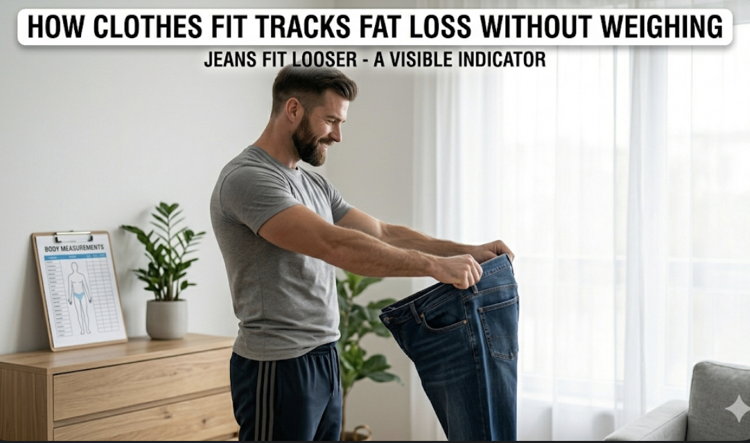 Person holding jeans that fit looser at the waist, showing how clothes fit can track fat loss without weighing