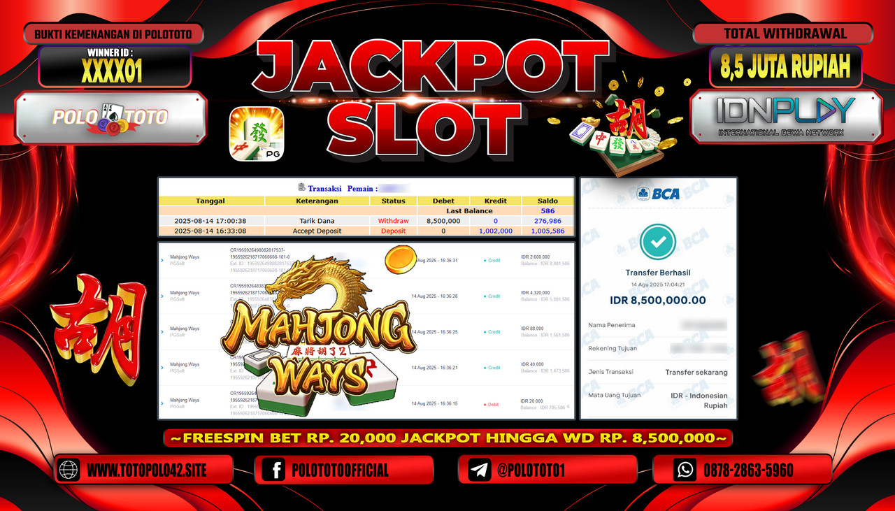 POLOTOTO JACKPOT SLOT MAHJONG WAYS Rp.8.500.000,-LUNAS