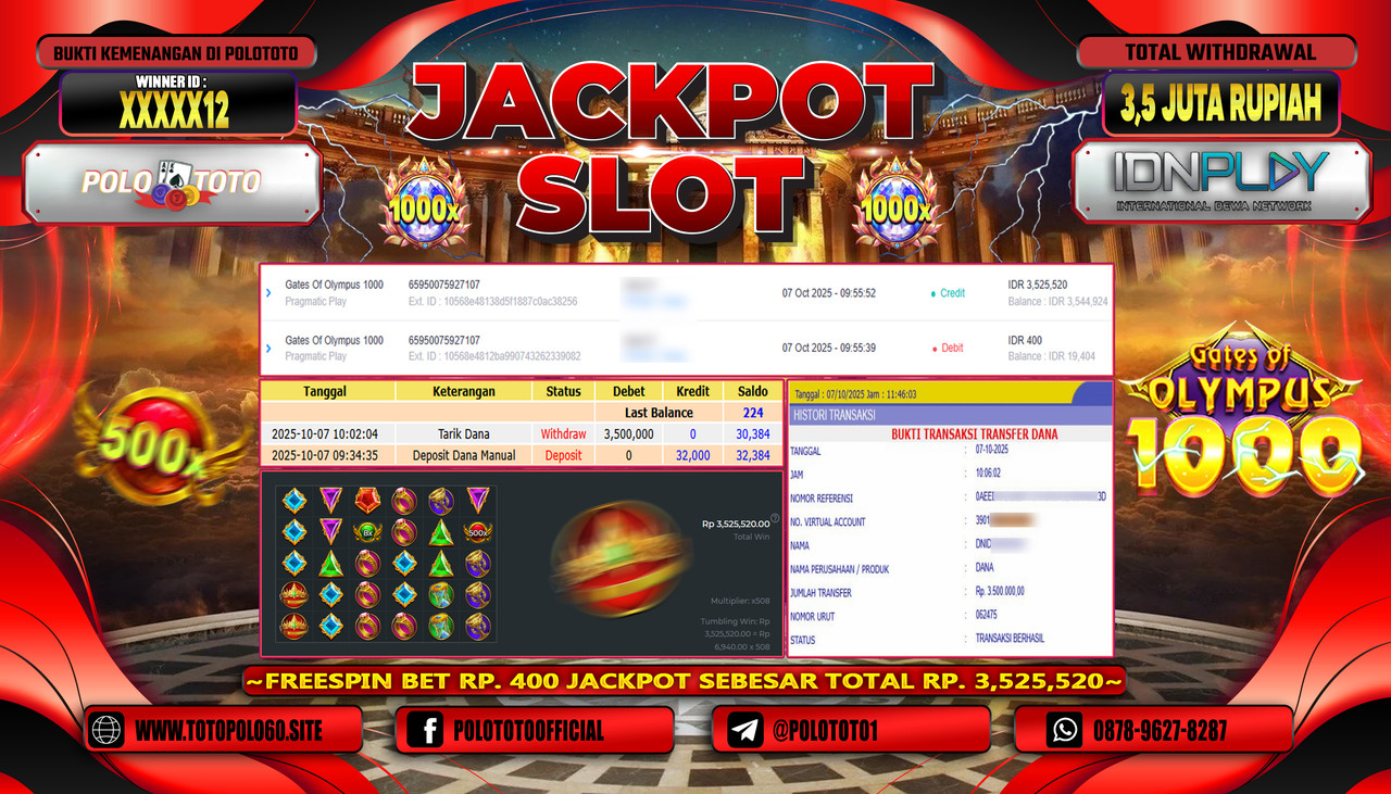 POLOTOTO JACKPOT SLOT GATES OF OLYMPUS 1000 Rp.3.500.000,- LUNAS
