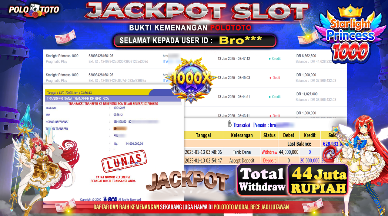 POLOTOTO JACKPOT SLOT STARLIGHT PRINCESS 1000 Rp.44,000.000,-