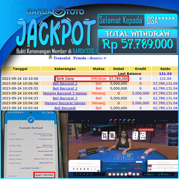 JACKPOT LIVE CASINO BACCARAT WD Rp 57.789.000,- DIBAYAR LUNAS