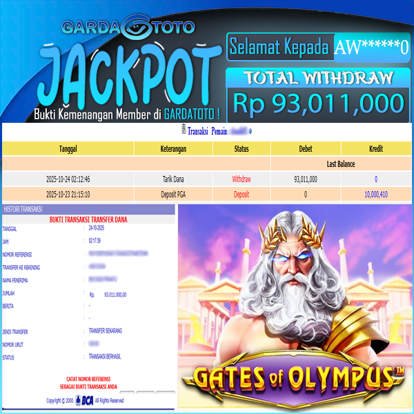 JACKPOT DI PERMAINAN SLOT GATES OF OLYMPUS WD Rp 93.011.000,- DIBAYAR LUNAS GARDATOTO MANTAP !
