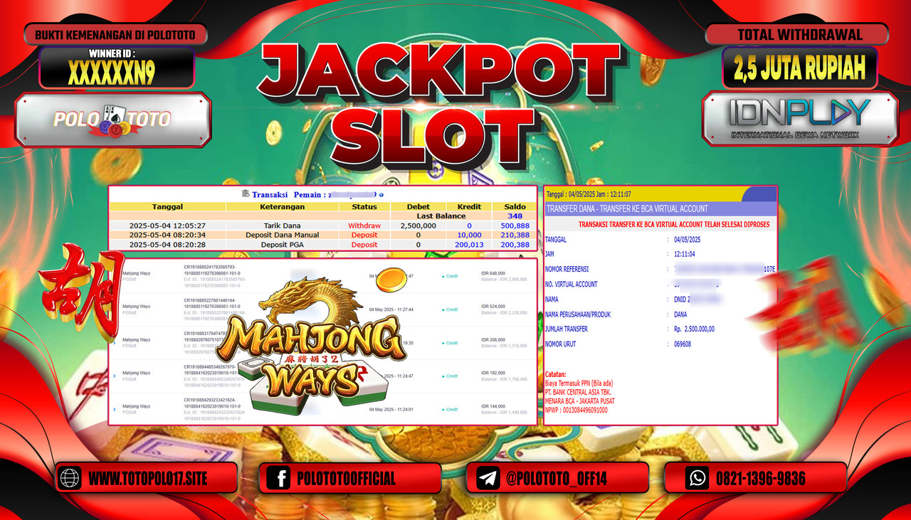 POLOTOTO JACKPOT SLOT MAHJONG WAYS Rp.2.500.000,-