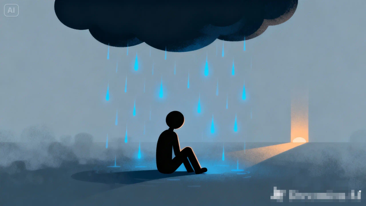 رسم رمزي يوضح الاكتئاب الحاد من خلال شخص جالس تحت سحابة رمادية مع ضوء أمل خافت في الخلفية
