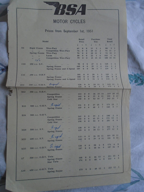 BSA 1951 Price List UK