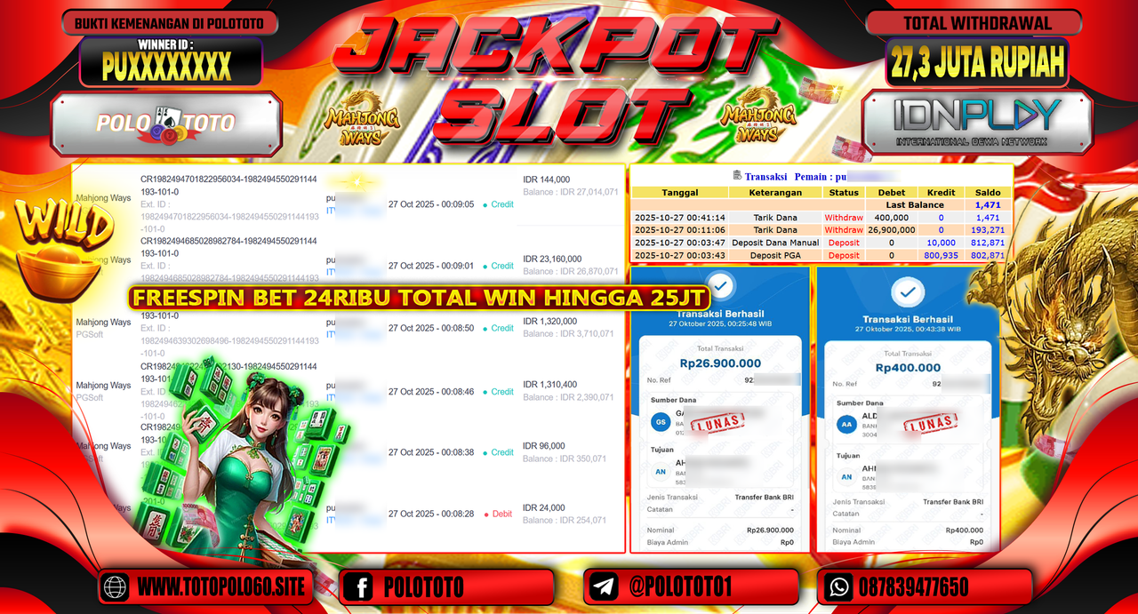 POLOTOTO JACKPOT SLOT MAHJONG WAYS Rp.27.300.000,- LUNAS
