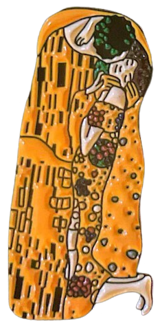 an enamel pin of the two figures in gustav klimt's the kiss