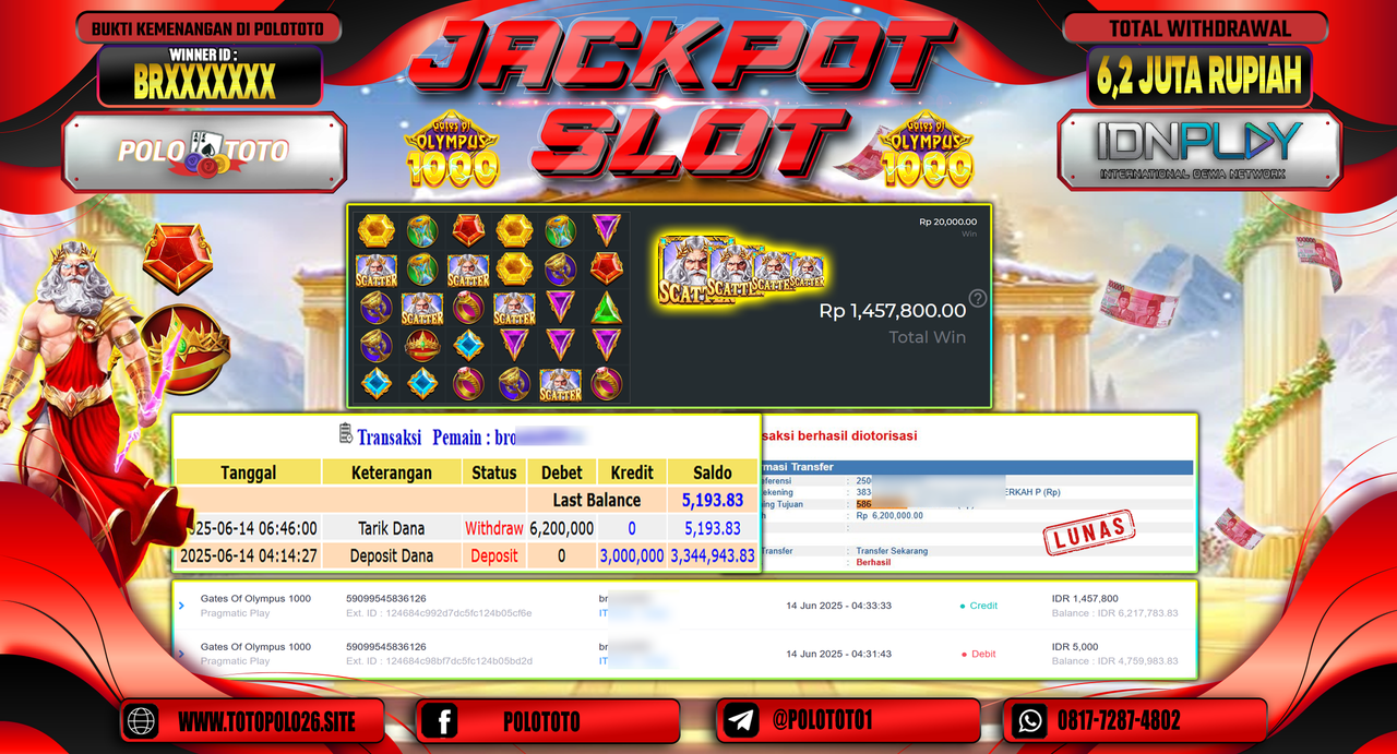 POLOTOTO JACKPOT SLOT GATES OF OLYMPUS 1000 Rp.6.200.000,-