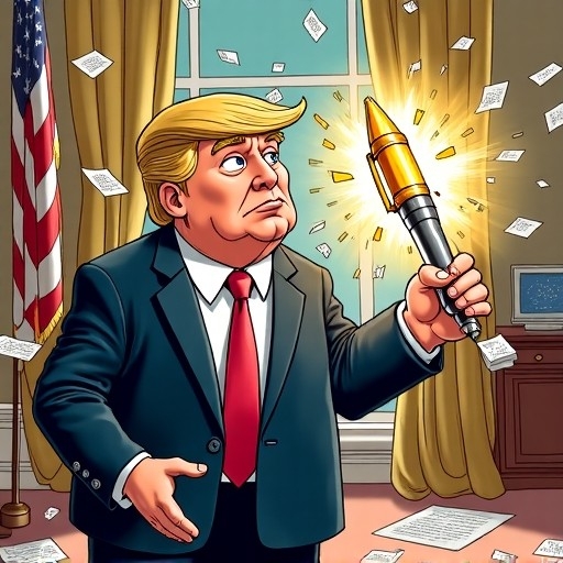 Trump holding exploded gold Sharpie, visibly confused