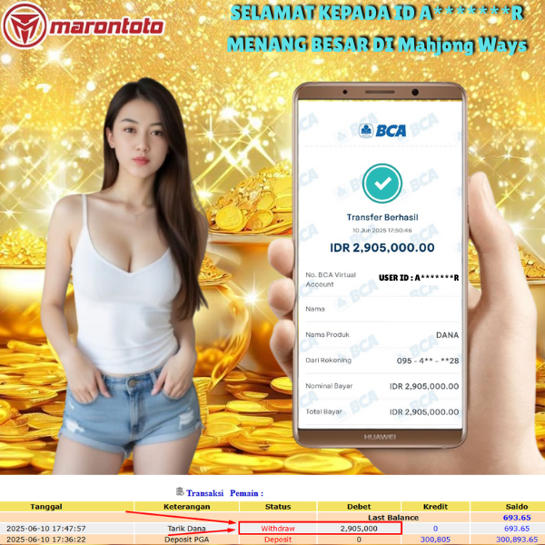 Bukti Kemenangan Member Marontoto Sebesar 2,905,000 JuTa