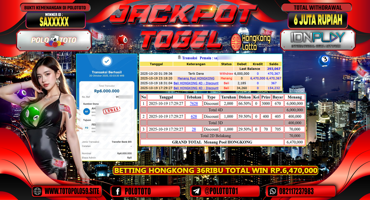 POLOTOTO JACKPOT TOGEL MENANG HONGKONG LOTTO Rp.6.000.000,- LUNAS