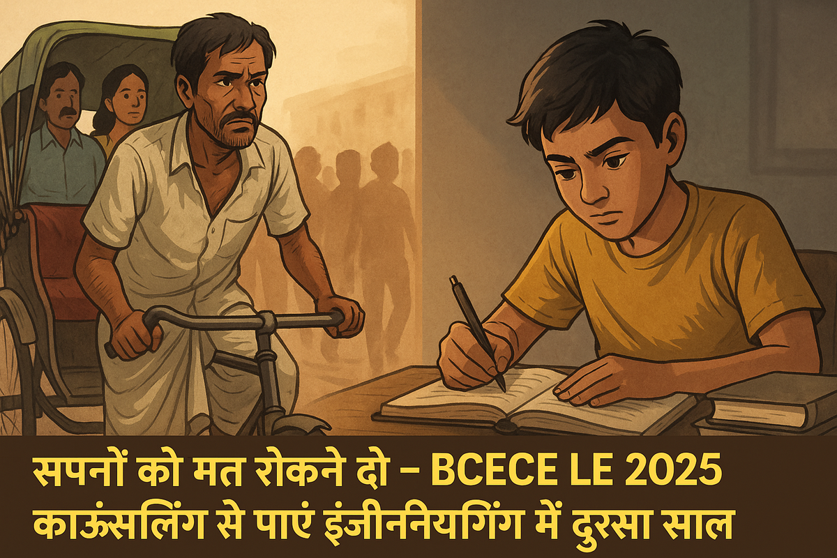 बिहार में संघर्ष करते पिता और पढ़ाई में जुटा बेटा - BCECE LE 2025 प्रेरणादायक कहानी बिहार का रिक्शा चालक अपने बेटे के उज्जवल भविष्य के लिए परिश्रम करता हुआ, बेटा कॉलेज में दाखिले की काउंसलिंग की तैयारी करता हुआ