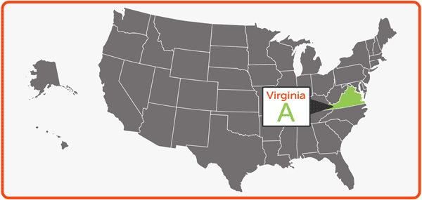 A map of the united states. An animation highlights Virginia with a A, California with a B, and Illinois with a C