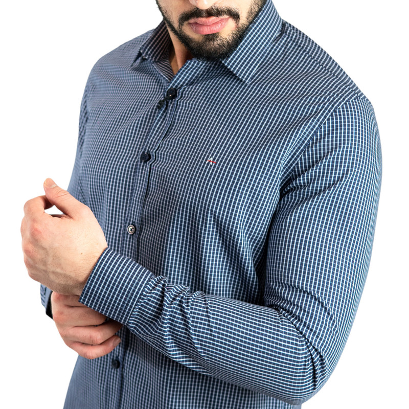 Camisa Masculina Slim Tricoline Micro Xadrez - Aramis - Azul