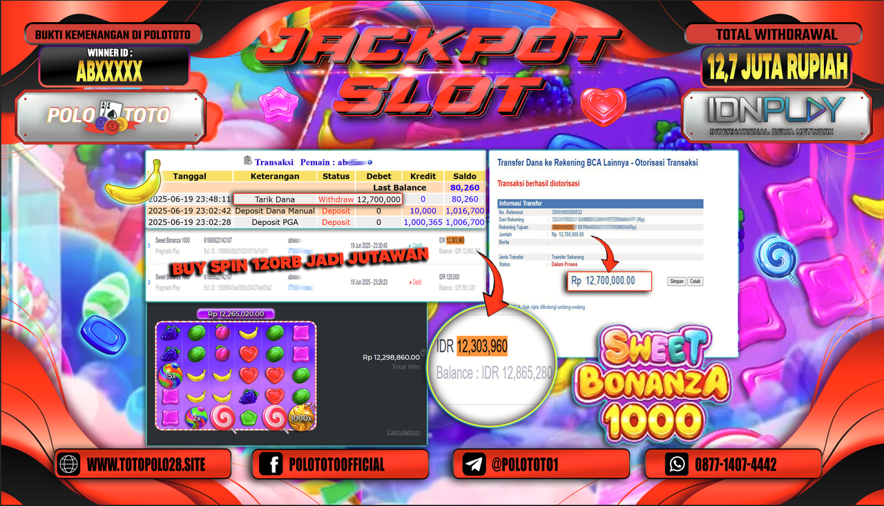 POLOTOTO JACKPOT SLOT SWEET BONANZA 1000 Rp.12.700.000,-