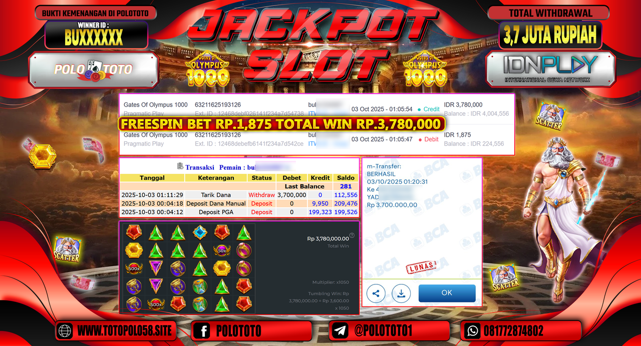 POLOTOTO JACKPOT SLOT GATES OF OLYMPUS 1000 Rp.3.700.000,- LUNAS