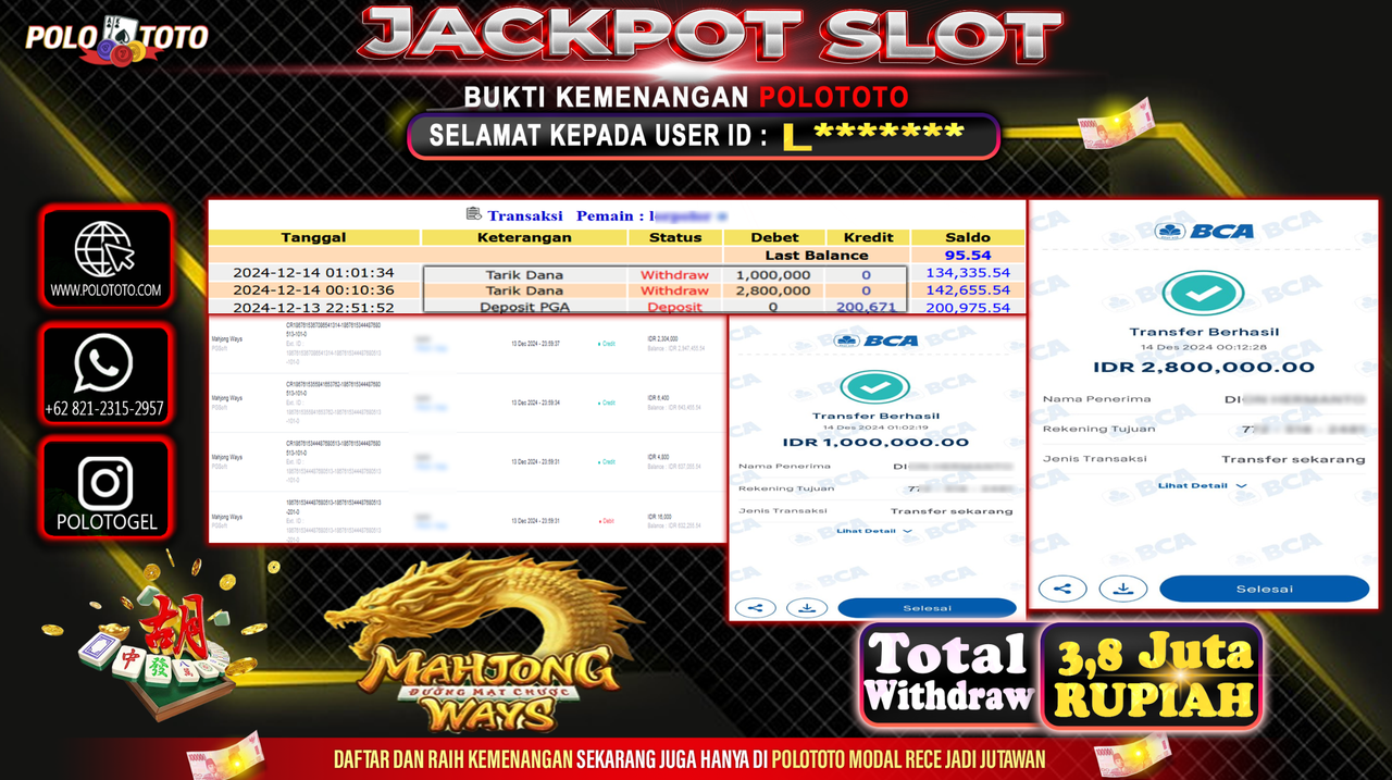 POLOTOTO JACKPOT SLOT MAHJONG WAYS Rp.3,800.000,-