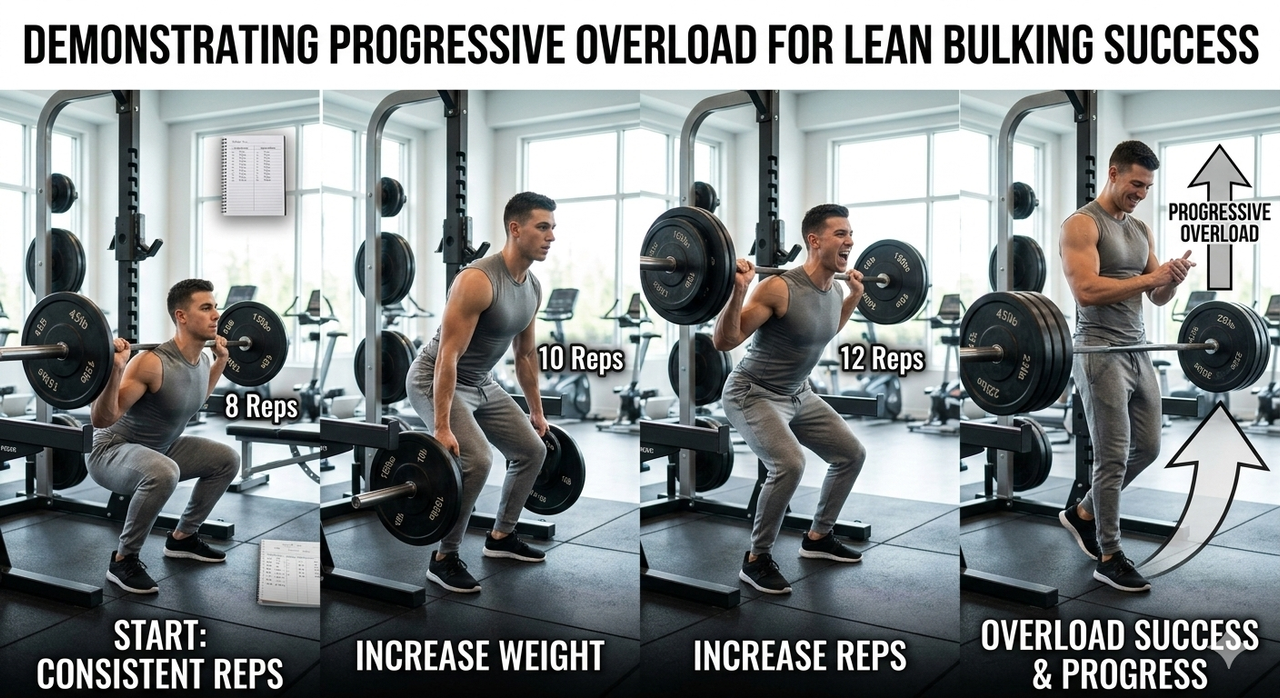 Person progressively increasing weight on barbell to demonstrate progressive overload for how to lean bulk successfully