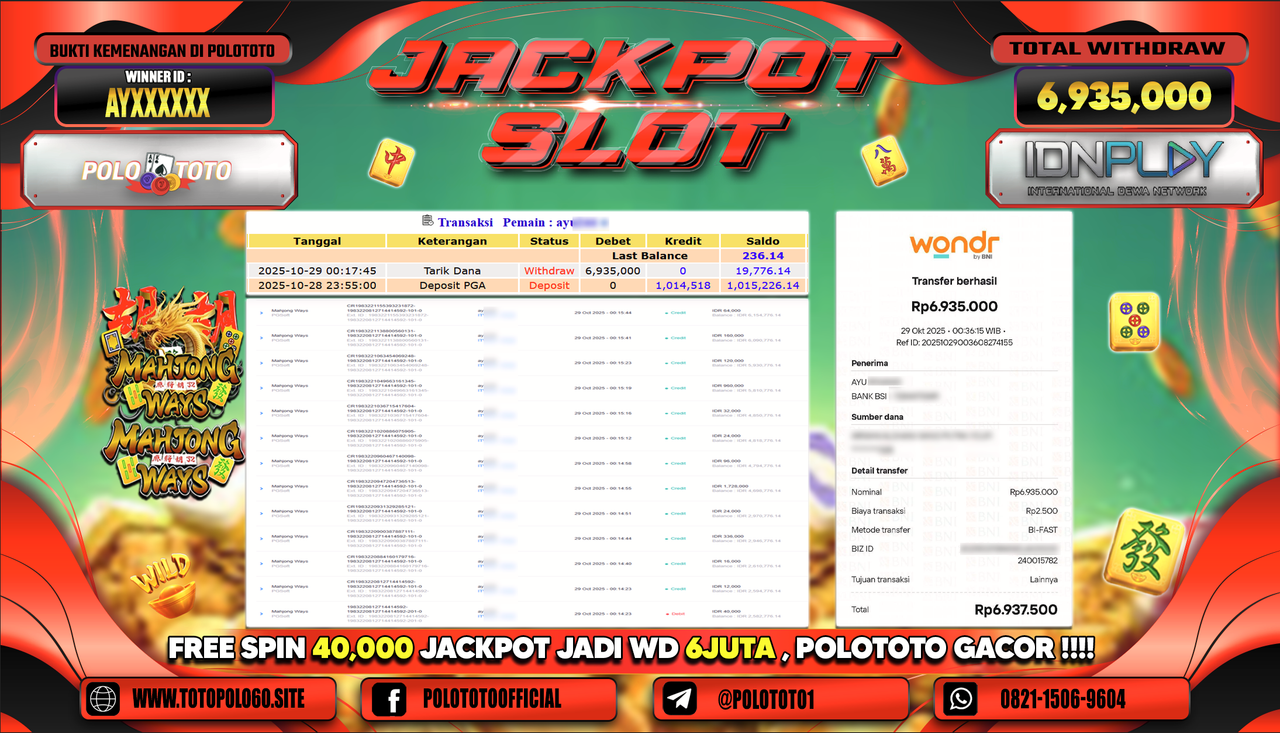 POLOTOTO JACKPOT SLOT MAHJONG WAYS Rp.6.935.000,- LUNAS
