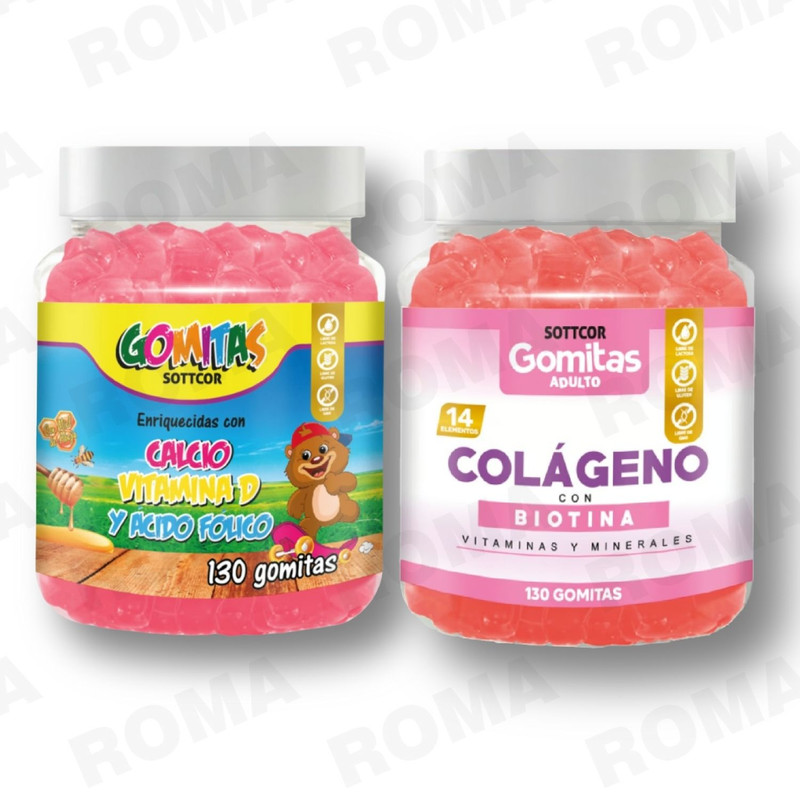 PACK 2 GOMITAS CALCIO NIÑOS 130UND + COLAGENO ADULTOS SOTTCORLABS