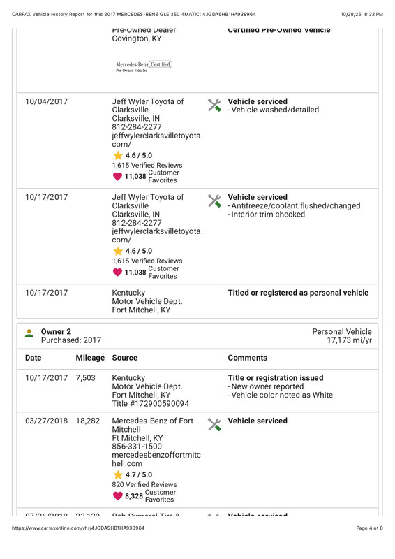 CARFAX Vehicle History Report for this 2017 MERCEDES BENZ GLE 350 4MATIC 4JGDA5HB1HA938964 page 0004