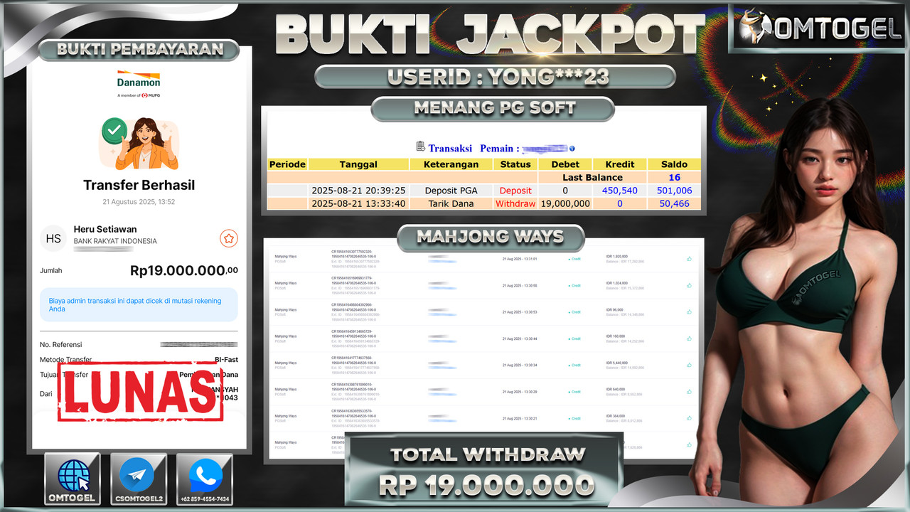 OMTOGEL JACKPOT PGSOFT MAHJONG WAYS 19 JUTA DI BAYAR LUNAS ,-