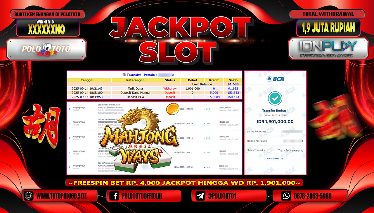 POLOTOTO JACKPOT SLOT MAHJONG WAYS 2 Rp.1.900.000,-LUNAS