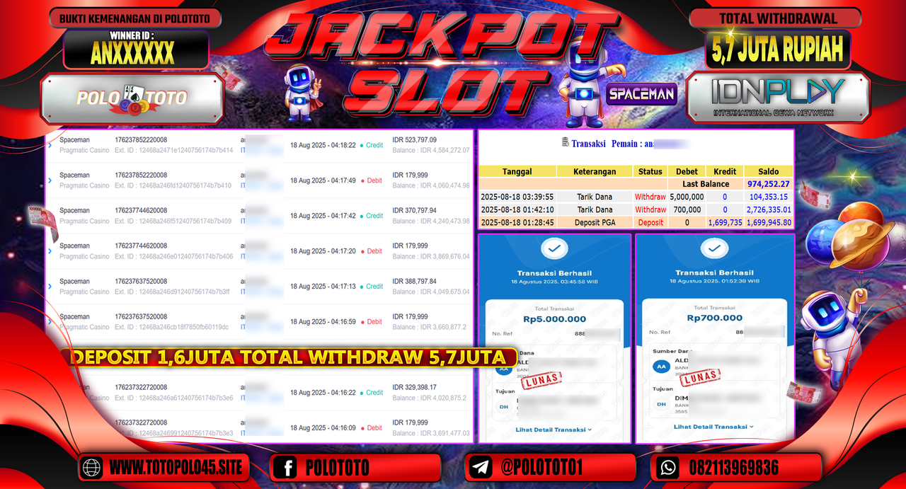 POLOTOTO JACKPOT SLOT SPACEMAN Rp.5.700.000,-