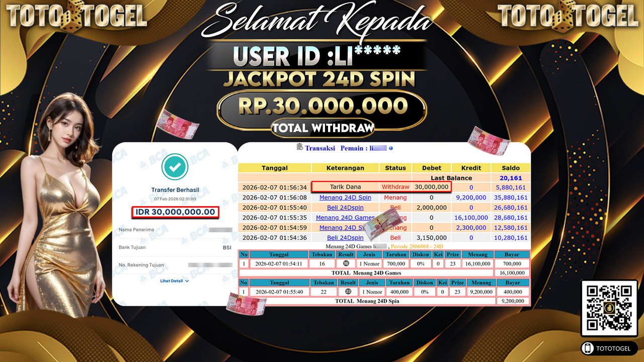 Bukti Pembayaran Jackpot Permainan Live Game 24D Spin ID:LI*****LUNAS