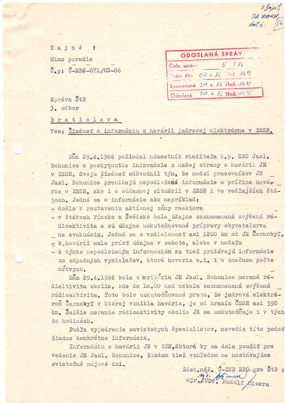 ÚPN: ŠtB o dohre Černobyľa na západnom Slovensku.