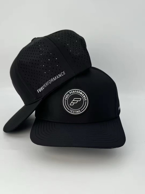 Black performance hat with white MRV logo patch showing water-resistant fabric and perforated panels