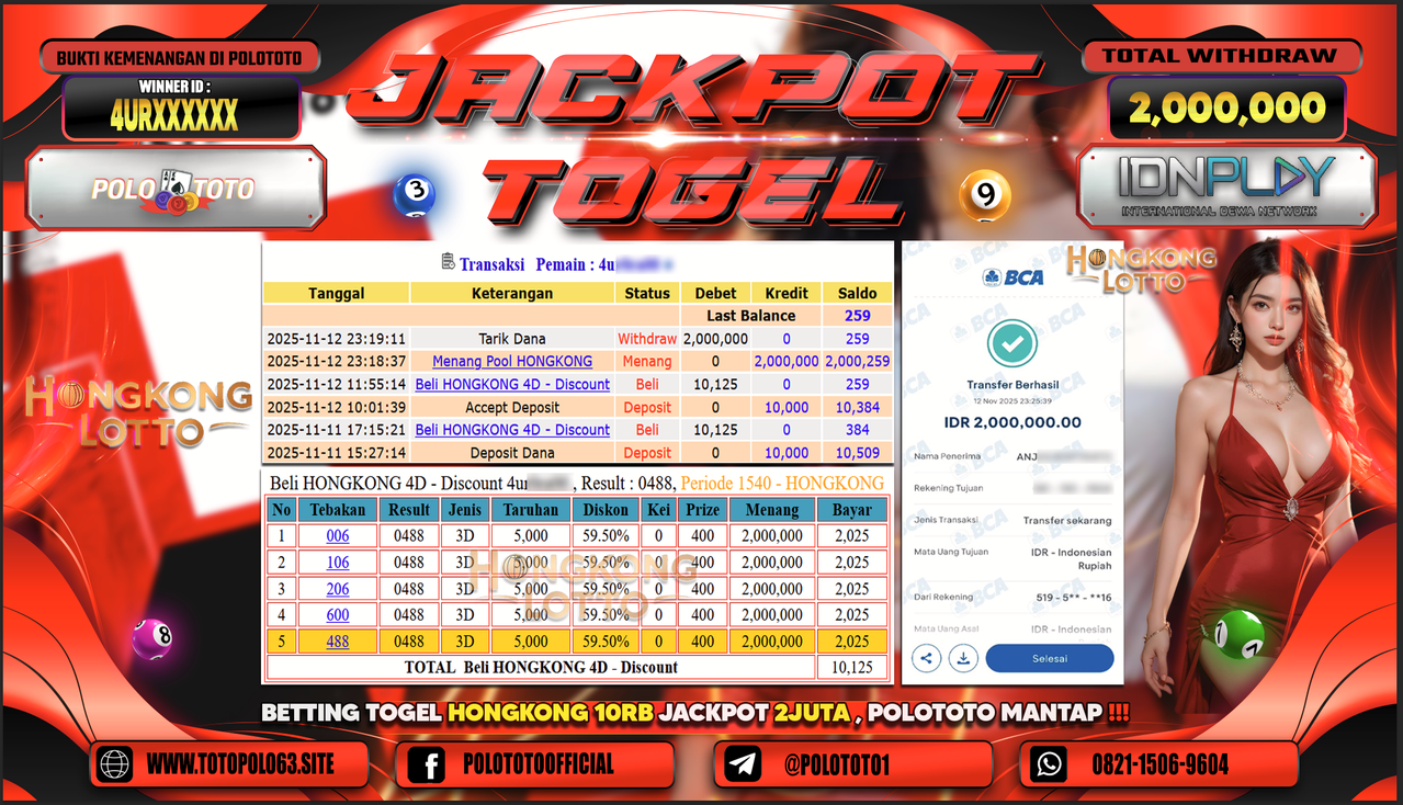 POLOTOTO JACKPOT TOGEL MENANG HONGKONG LOTTO Rp.2.000.000,- LUNAS