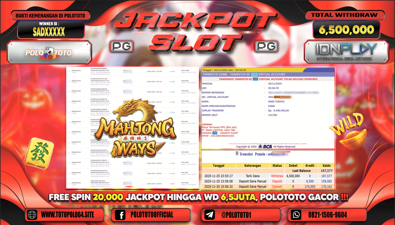 POLOTOTO JACKPOT SLOT MAHJONG WAYS Rp.6.500.000,- LUNAS