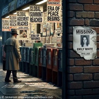 A detective walks past newspaper stands displaying bold headlines about a global event, while a smaller missing person notice is barely visible on a nearby wall—symbolizing a forgotten crime overshadowed by history.