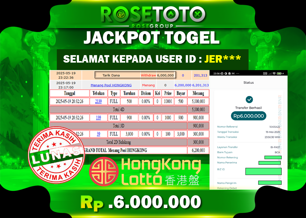ROSETOTO JACKPOT TOGEL HONGKONG LOTTO Rp.6.000.000.,- LUNAS