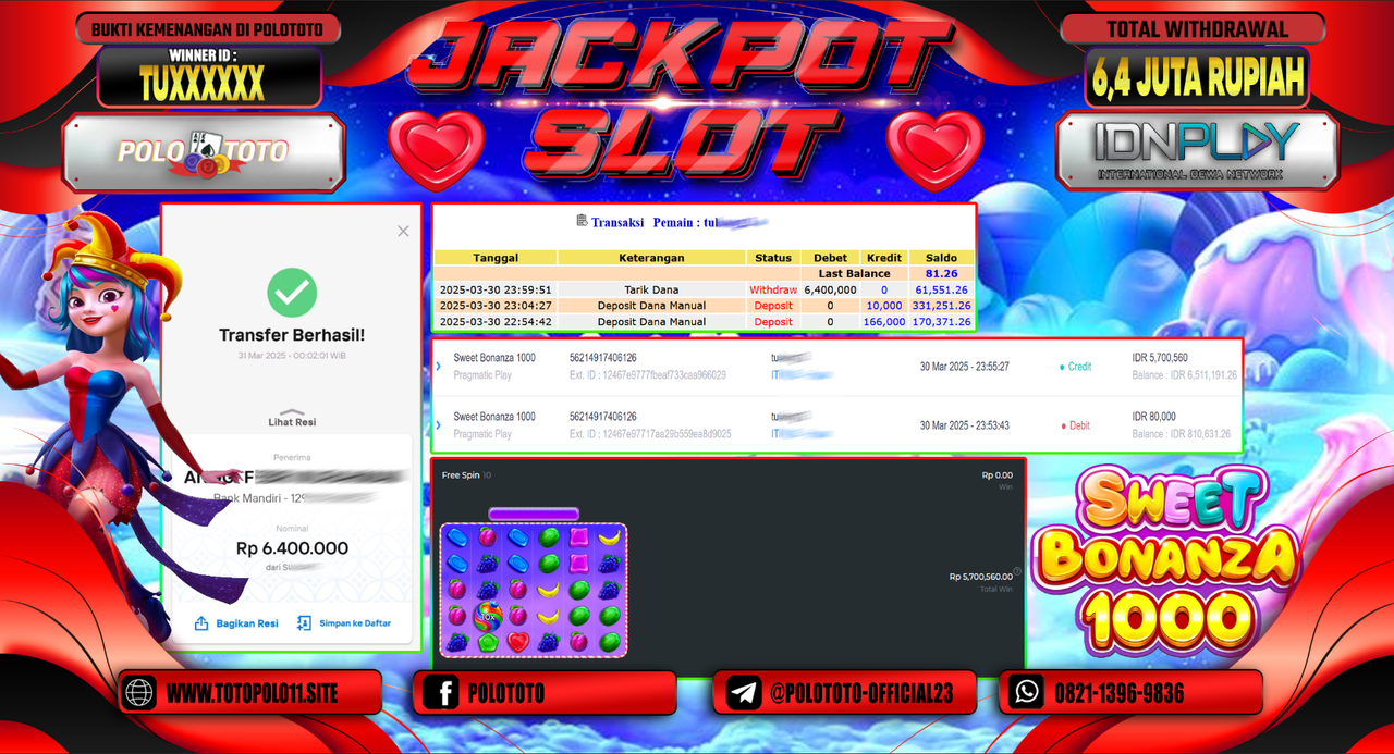 POLOTOTO JACKPOT SLOT SWEET BONANZA 1000  Rp.6.400.000,- LUNAS