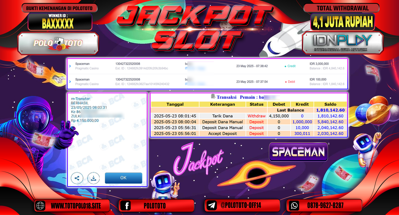 POLOTOTO JACKPOT SLOT SPACEMAN Rp.4.150.000,-