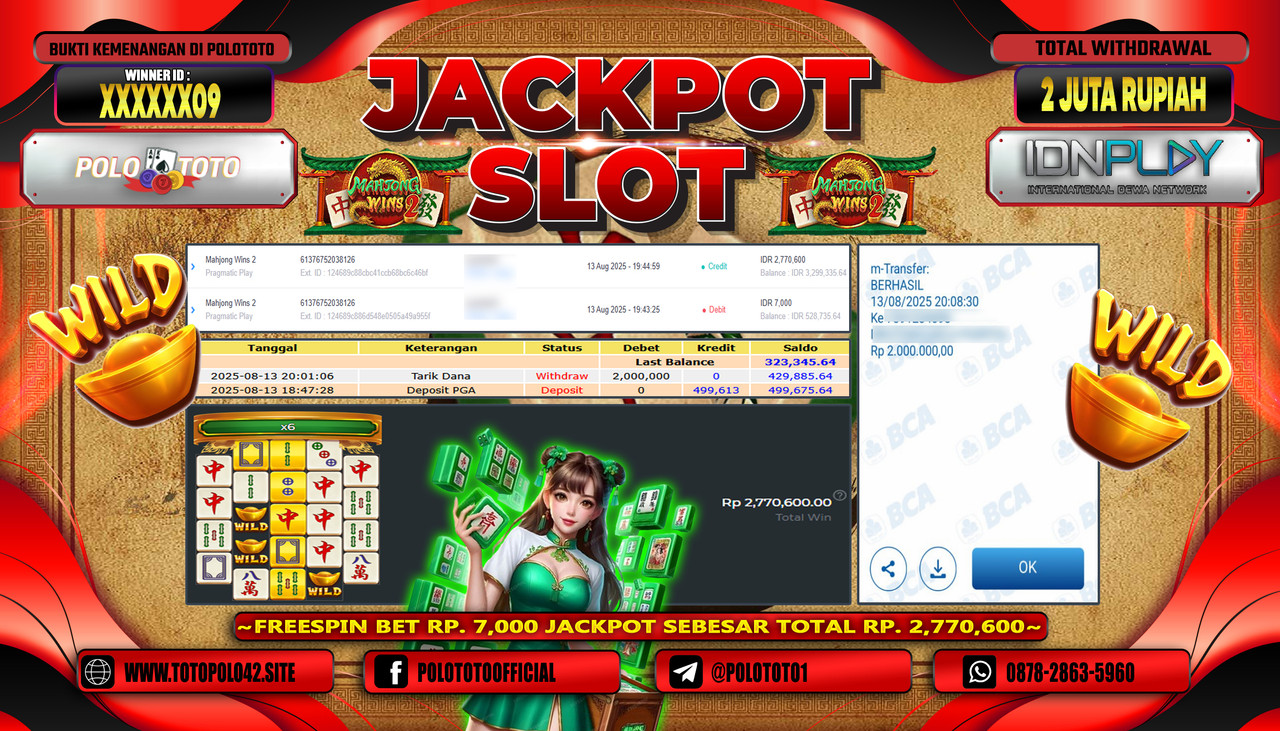POLOTOTO JACKPOT SLOT MAHJONG WINS 2 Rp.2.000.000,-LUNAS