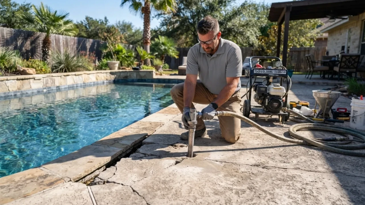 Pool deck slab settlement heaving repair mudjacking San Antonio