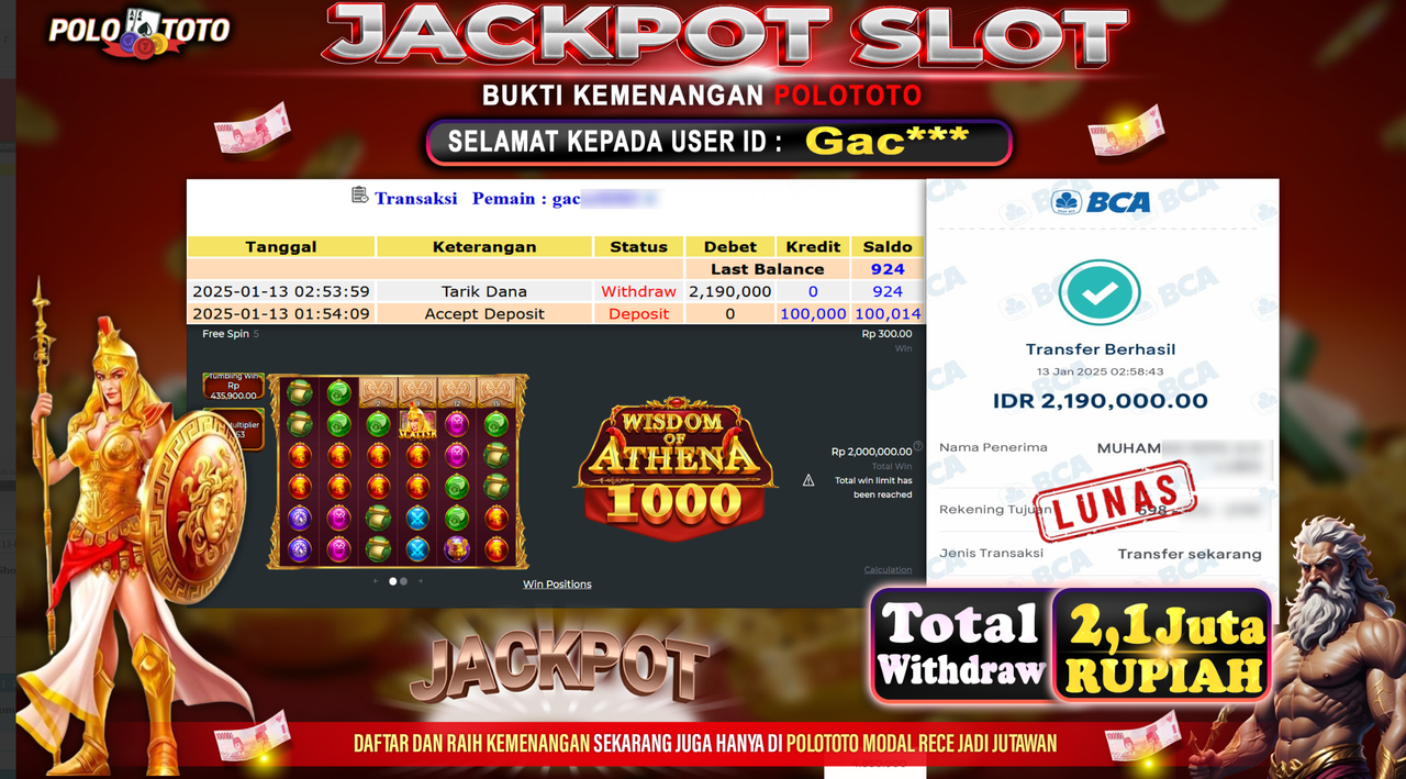 POLOTOTO JACKPOT SLOT WISDOM OF ATHENA Rp.2,190.000,-