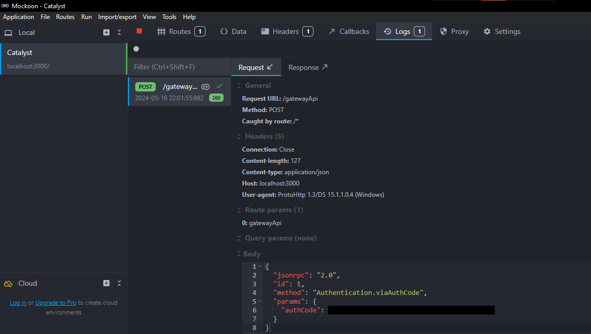 Screenshot from a local server log. The client sends a JSON request to the server, indicating that the initial TDF data handshake was successful. (May 16th, 2024.)