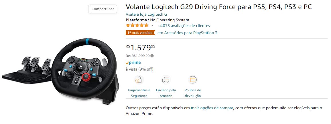 Volante Logitech G29 Driving Force para PS5, PS4, PS3 e PC