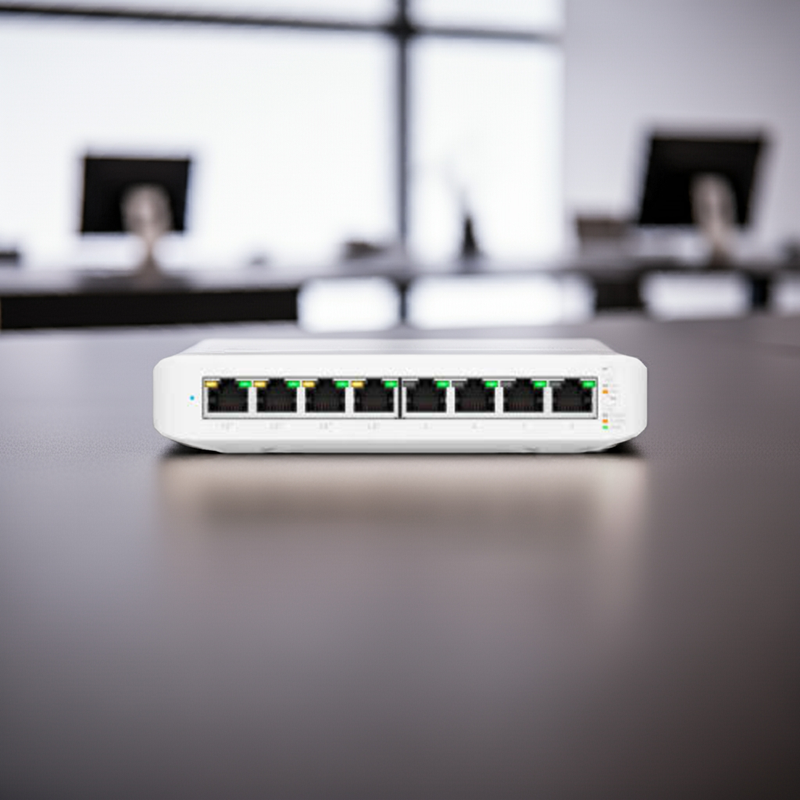 Switch UniFi Lite 8 PoE montado na parede de uma sala técnica