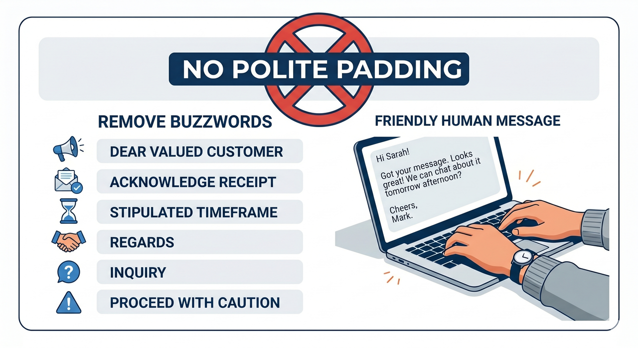 ChatGPT email AI tone too formal fix — banned words negative constraints infographic