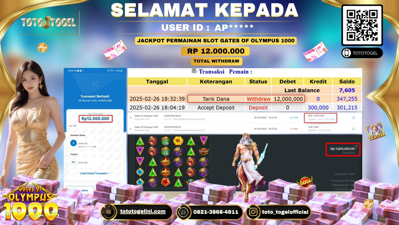 Bukti Pembayaran Jackpot  Permainan Slot Gates Of Olympus 1000  ID:AP***** LUNAS